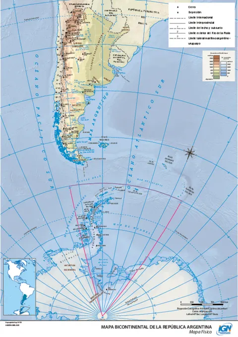 Mapa de Argentina bicontinental físico