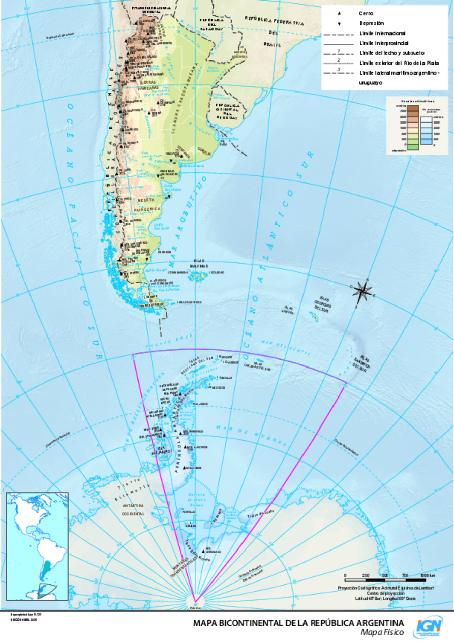Mapa de Argentina bicontinental físico