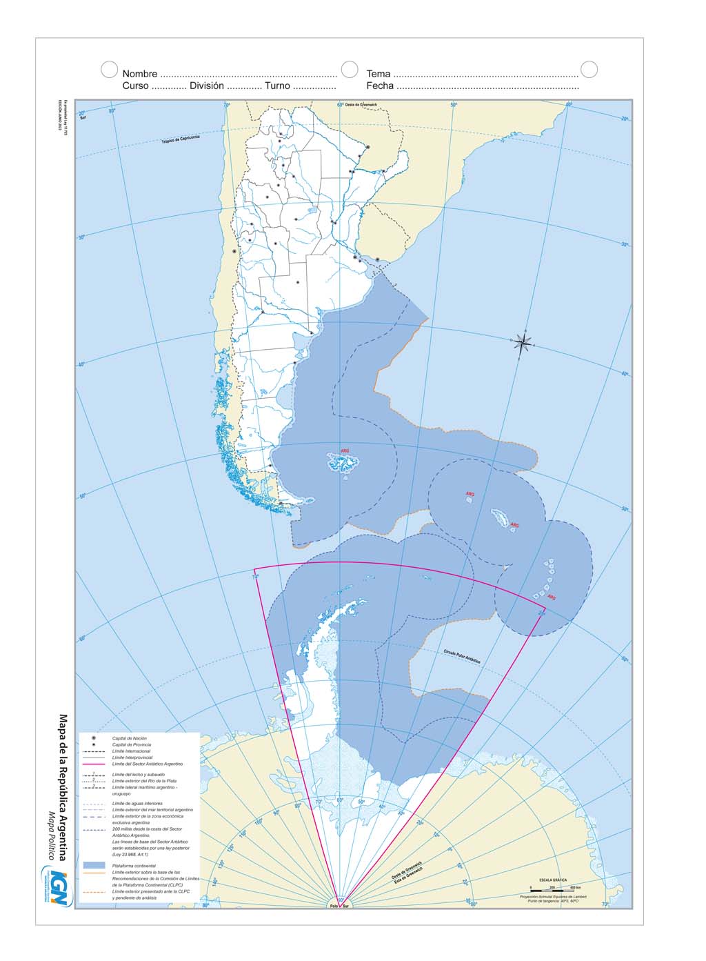Mapa de Argentina bicontinental mudo (N.º 5)