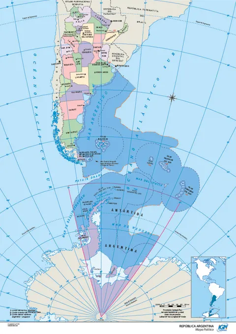Mapa de Argentina bicontinental político (A3, 2005)