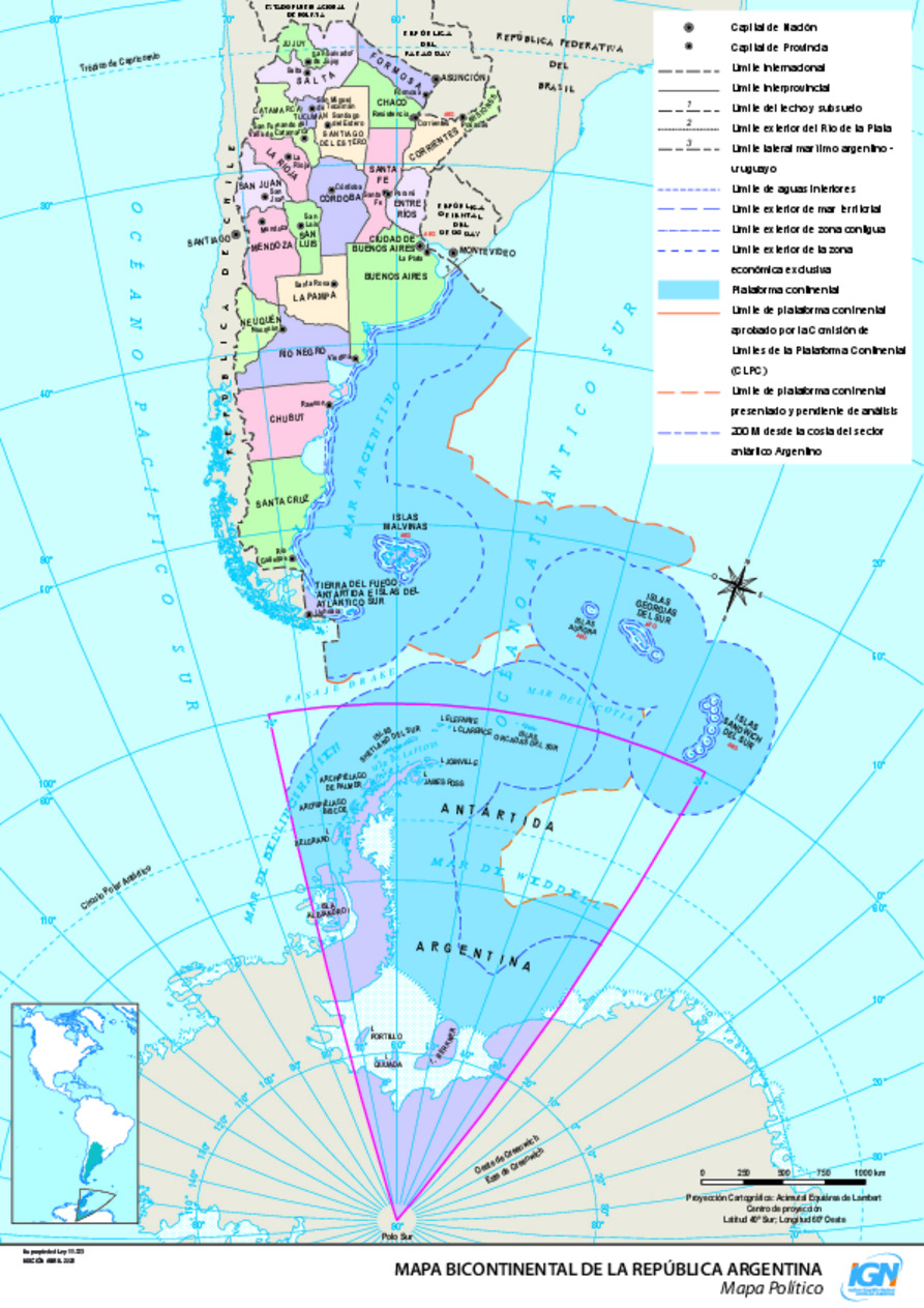 Mapa de Argentina bicontinental político