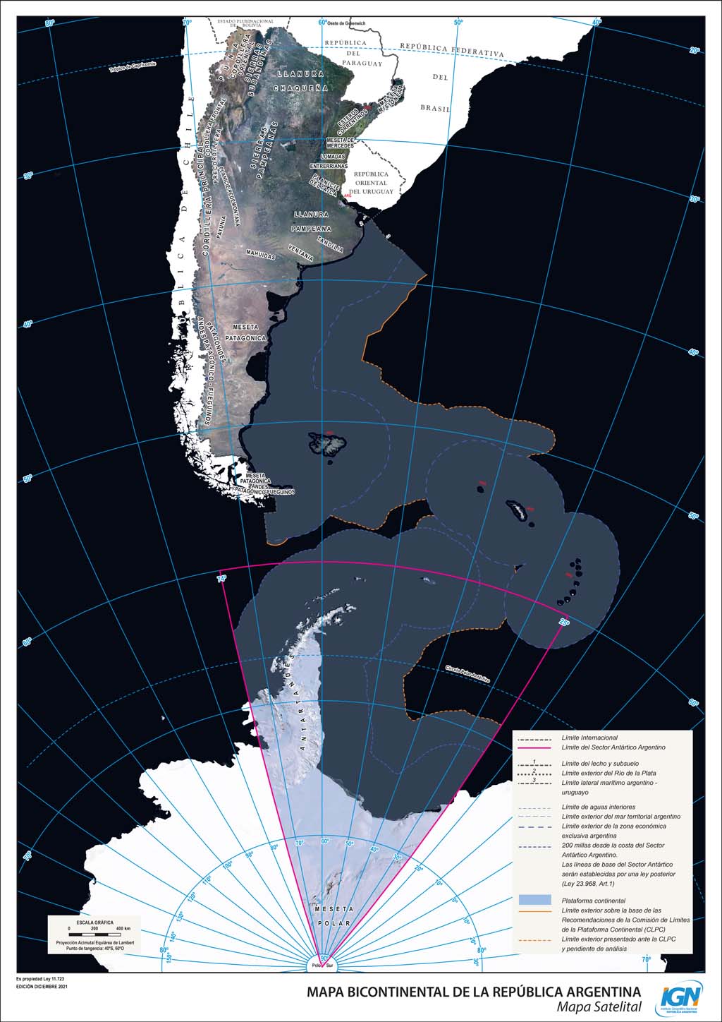 Mapa de Argentina bicontinental satelital