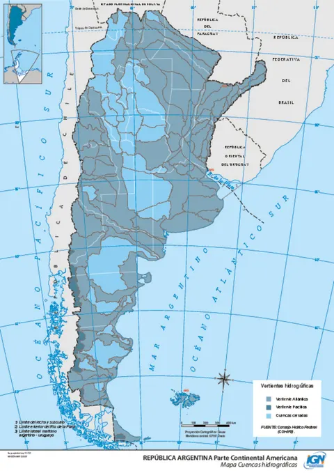 Mapa de Argentina: cuencas hidrográficas