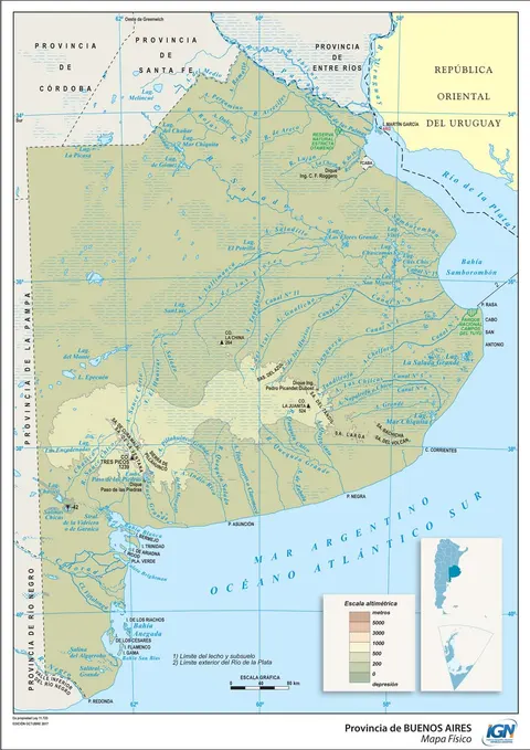 Mapa físico de Buenos Aires con partidos