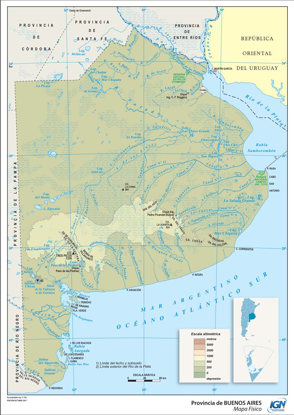 Mapa físico de Buenos Aires con partidos