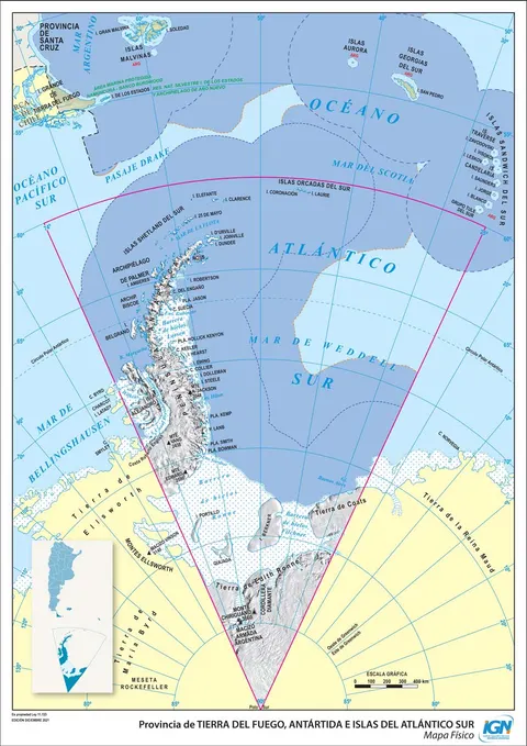 Mapa físico de Tierra del Fuego, Antártida e Islas del Atlántico Sur