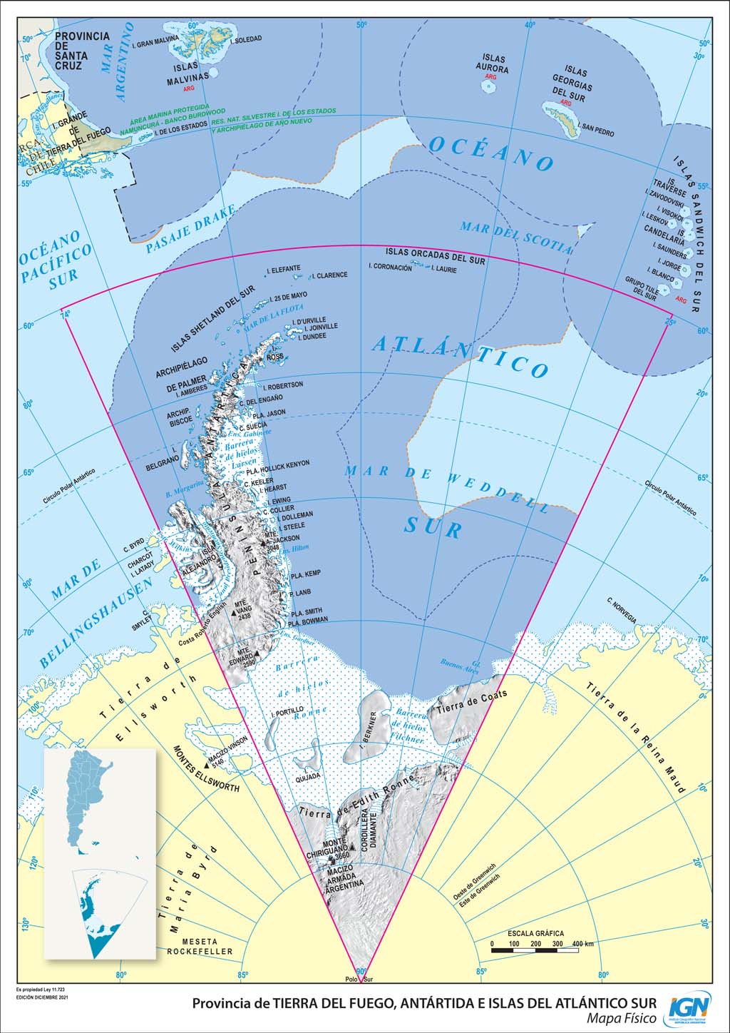 Mapa físico de Tierra del Fuego, Antártida e Islas del Atlántico Sur
