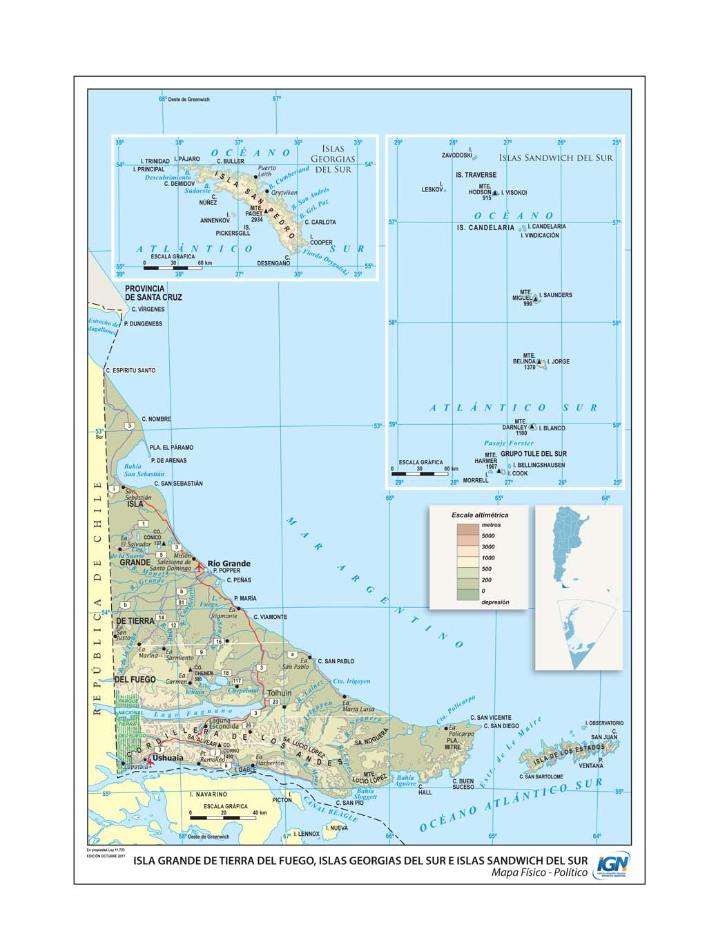 Mapa físico-político de Isla Grande de Tierra del Fuego