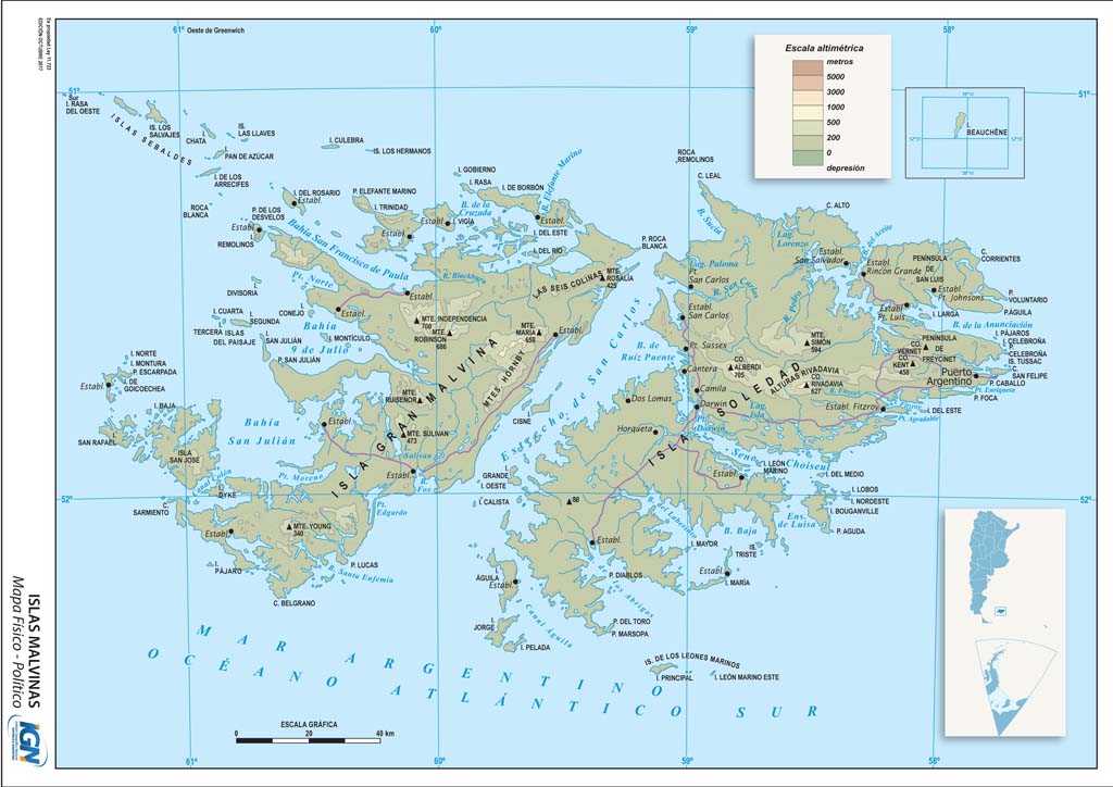 Mapa físico-político de Islas Malvinas