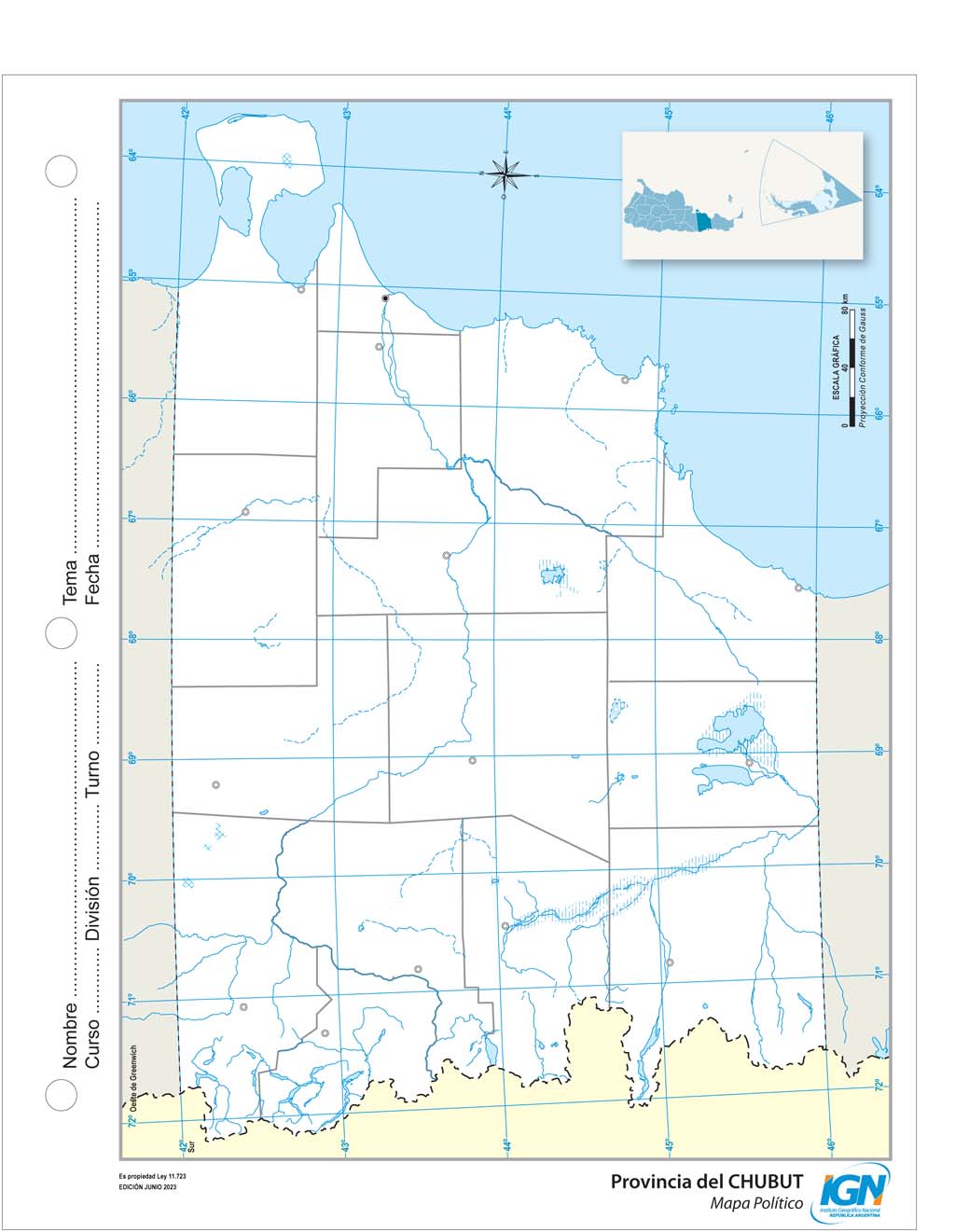 Mapa mudo de Chubut con departamentos (N.º 3)