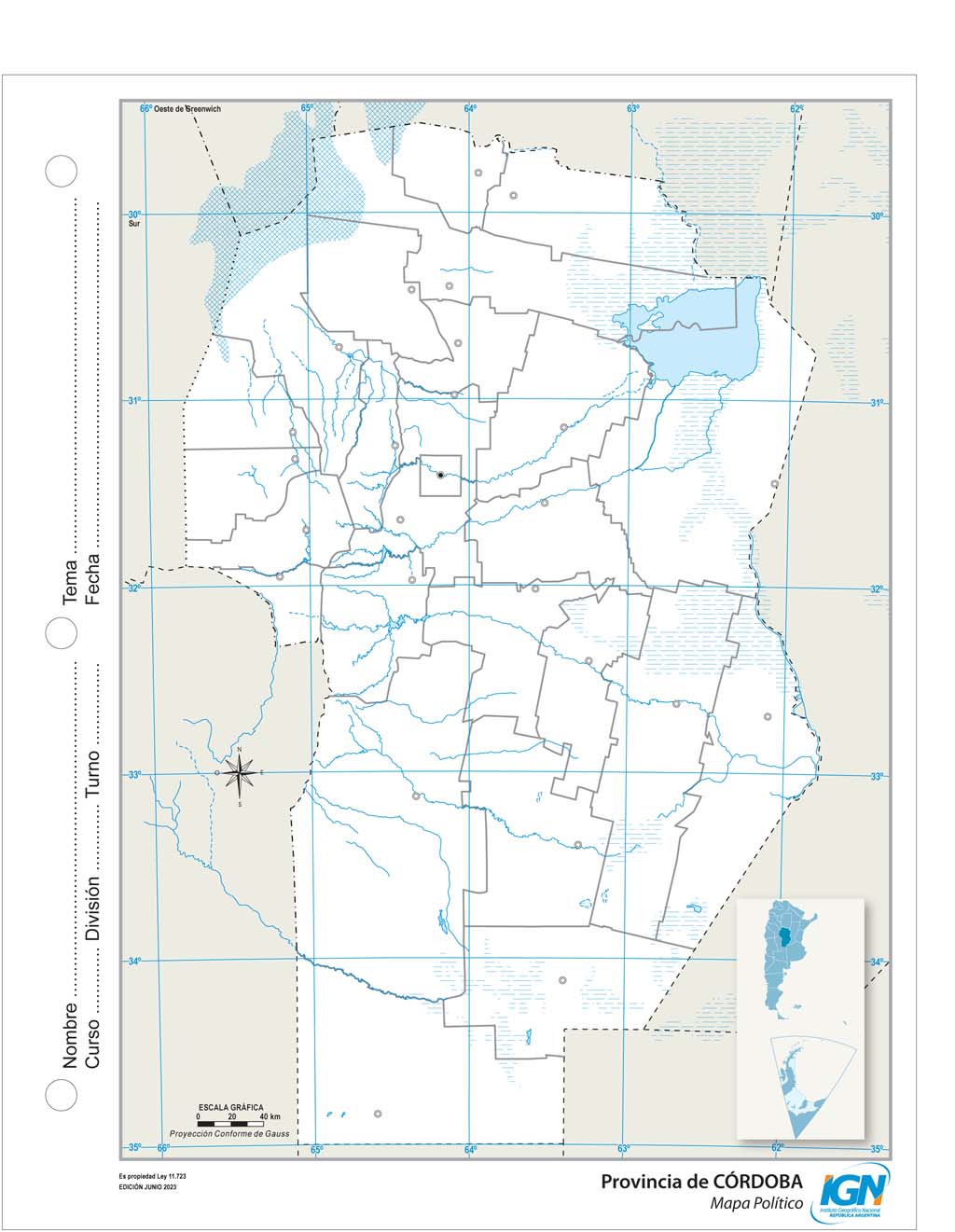 Mapa mudo de Córdoba con departamentos (N.º 3)