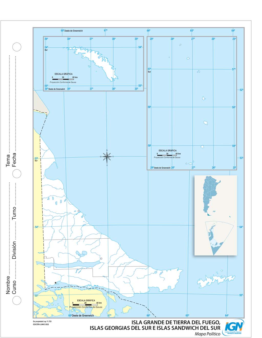 Mapa mudo de Isla Grande de Tierra del Fuego (N.º 3)