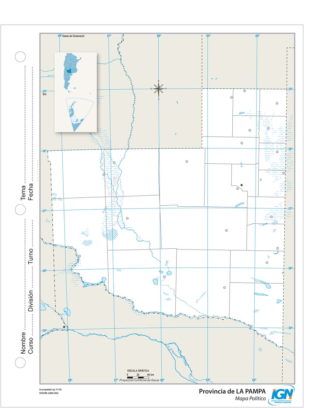 Mapa mudo de La Pampa con departamentos (N.º 3)