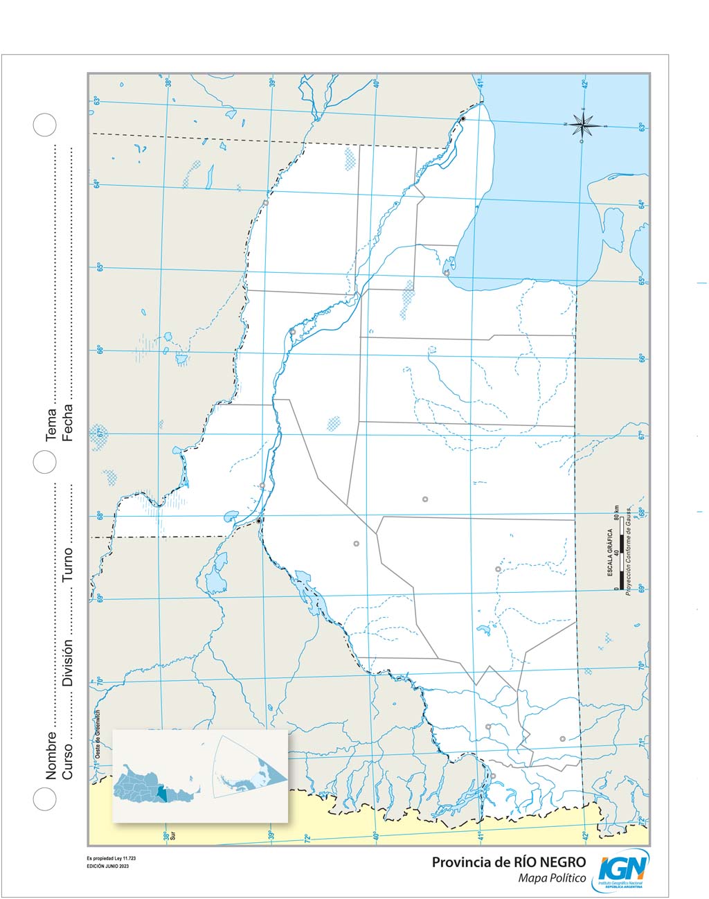 Mapa mudo de Río Negro con departamentos (N.º 3)