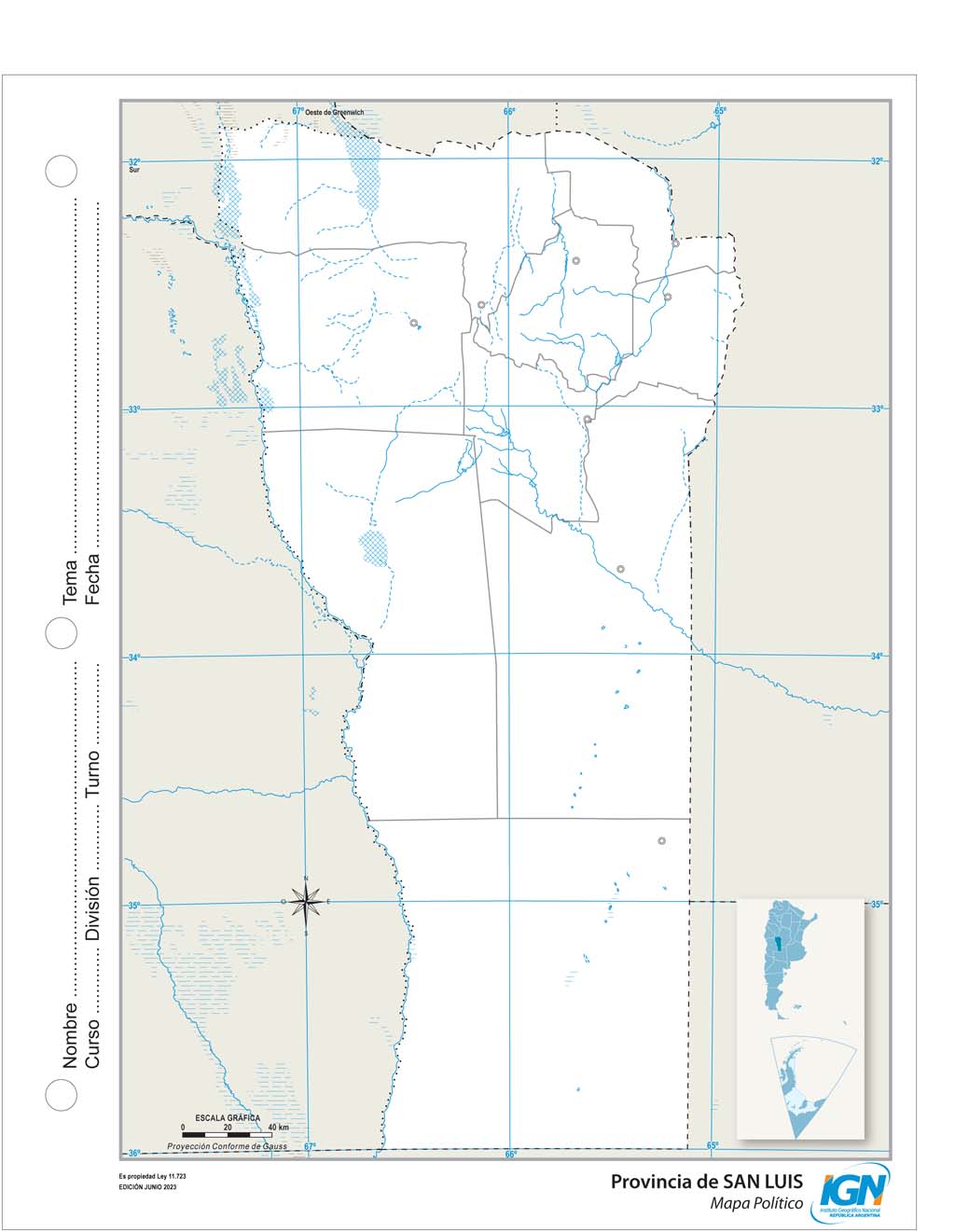 Mapa mudo de San Luis con departamentos (N.º 3)