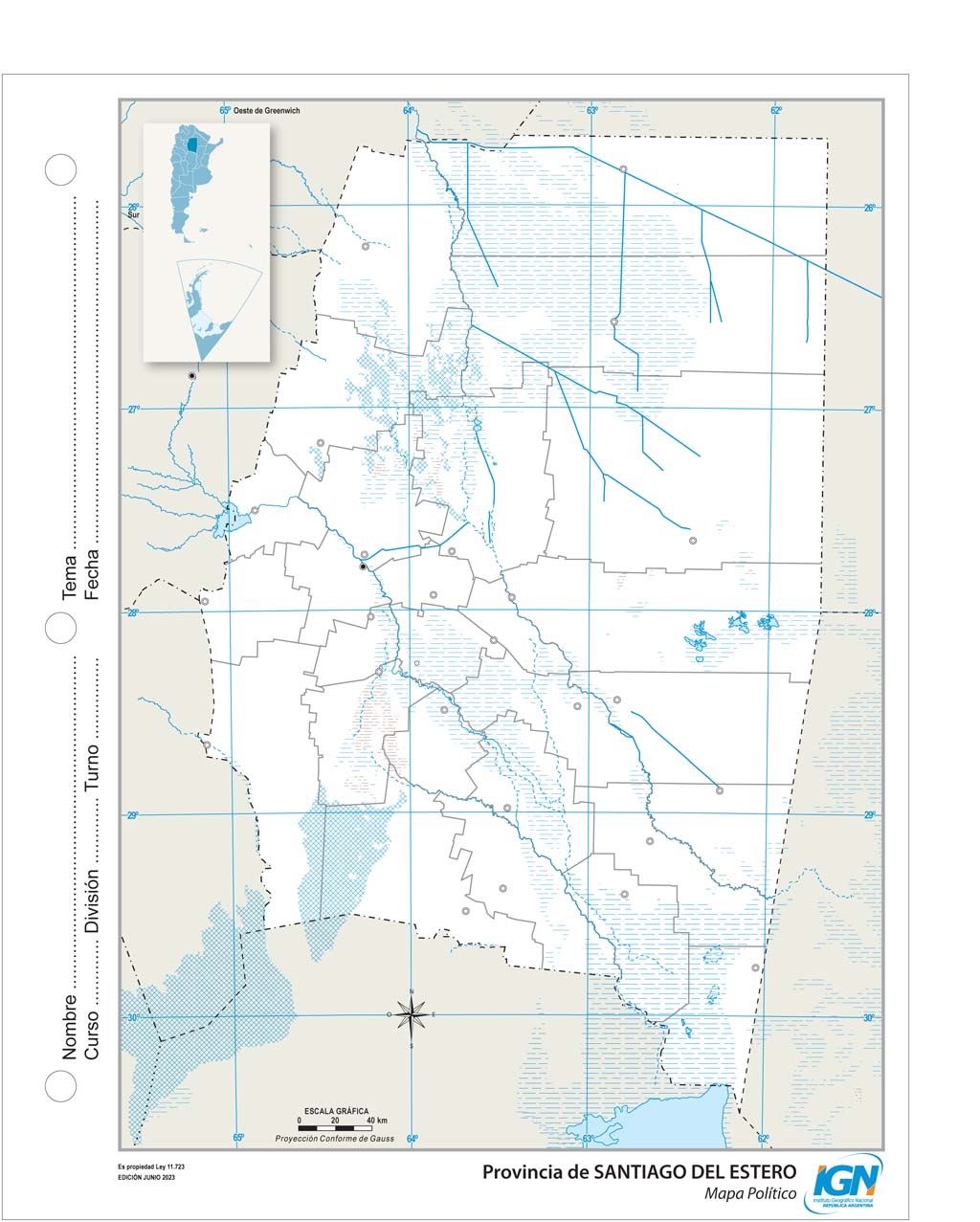 Mapa mudo de Santiago del Estero con departamentos (N.º 3)