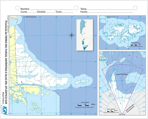 Mapa mudo de Tierra del Fuego, Antártida e Islas del Atlántico Sur con departamentos (N.º 3)
