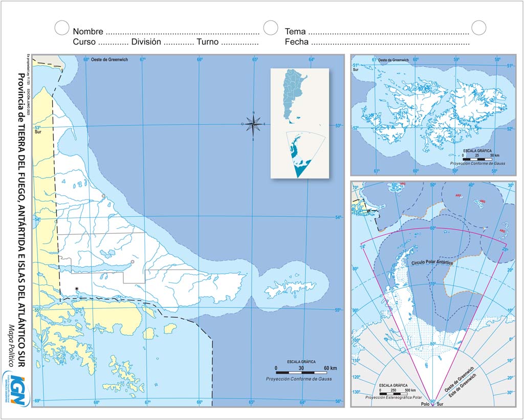 Mapa mudo de Tierra del Fuego, Antártida e Islas del Atlántico Sur con departamentos (N.º 3)