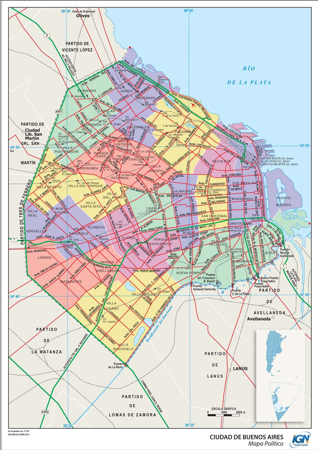 Mapa político de Ciudad Autónoma de Buenos Aires con comunas