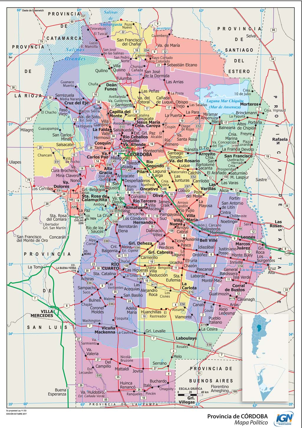 Mapa político de Córdoba con departamentos