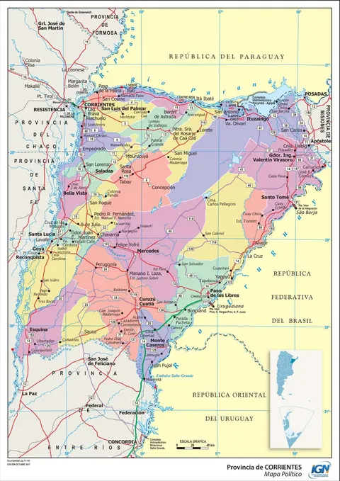 Mapa político de Corrientes con departamentos