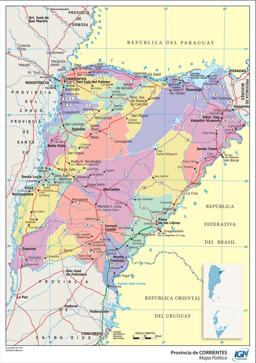 Mapa político de Corrientes con departamentos