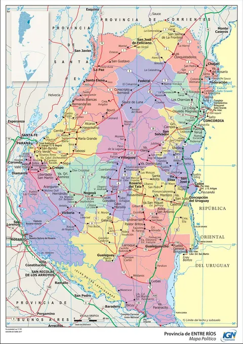 Mapa político de Entre Ríos con departamentos