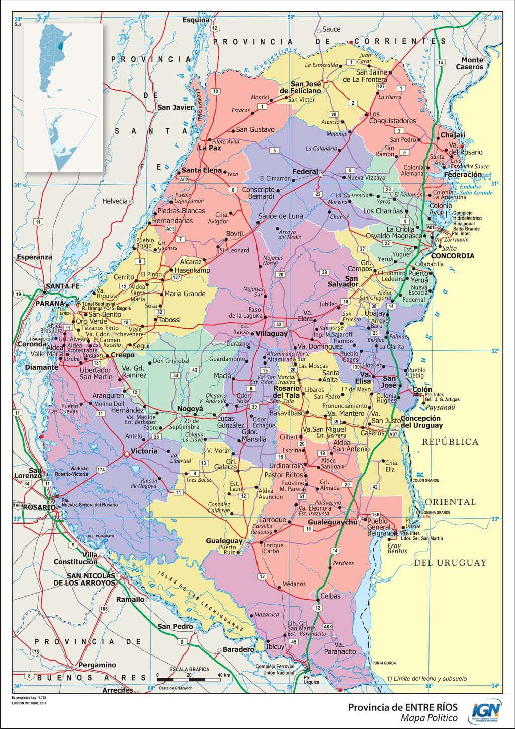 Mapa político de Entre Ríos con departamentos