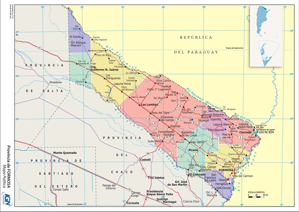 Mapa político de Formosa con departamentos