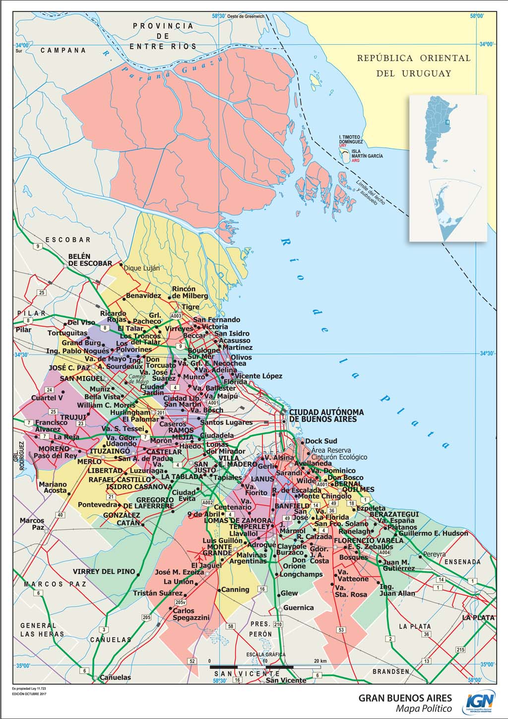 Mapa político de Gran Buenos Aires con departamentos