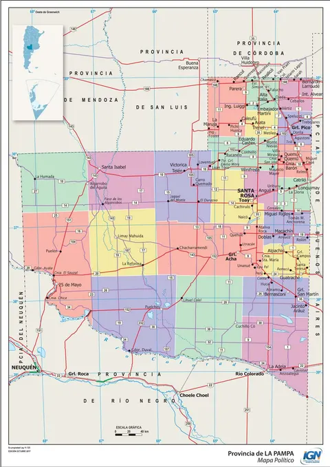 Mapa político de La Pampa con departamentos