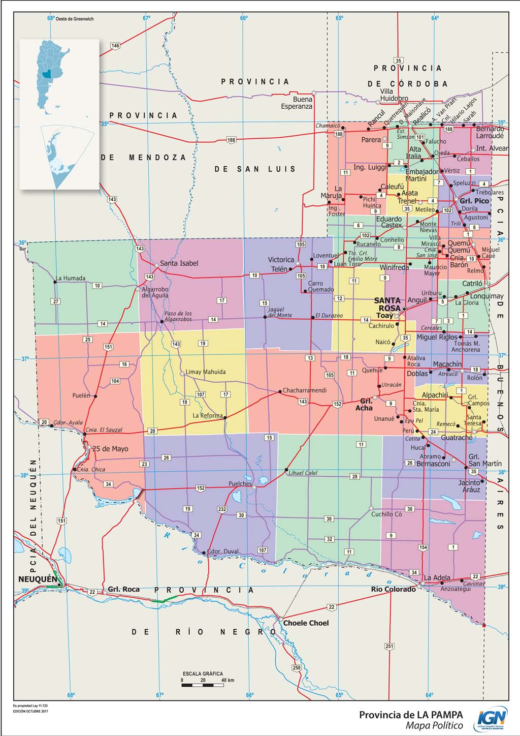 Mapa político de La Pampa con departamentos