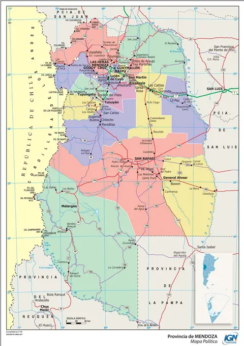 Mapa político de Mendoza con departamentos