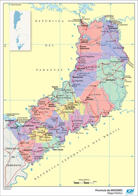 Mapa político de Misiones con departamentos