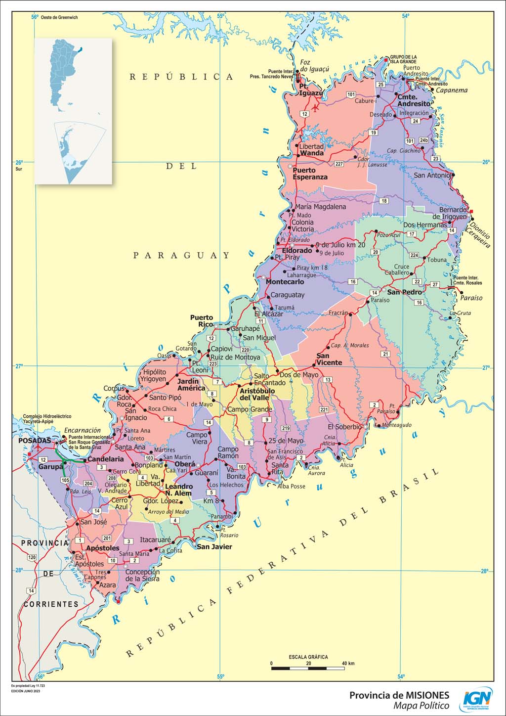 Mapa político de Misiones con departamentos