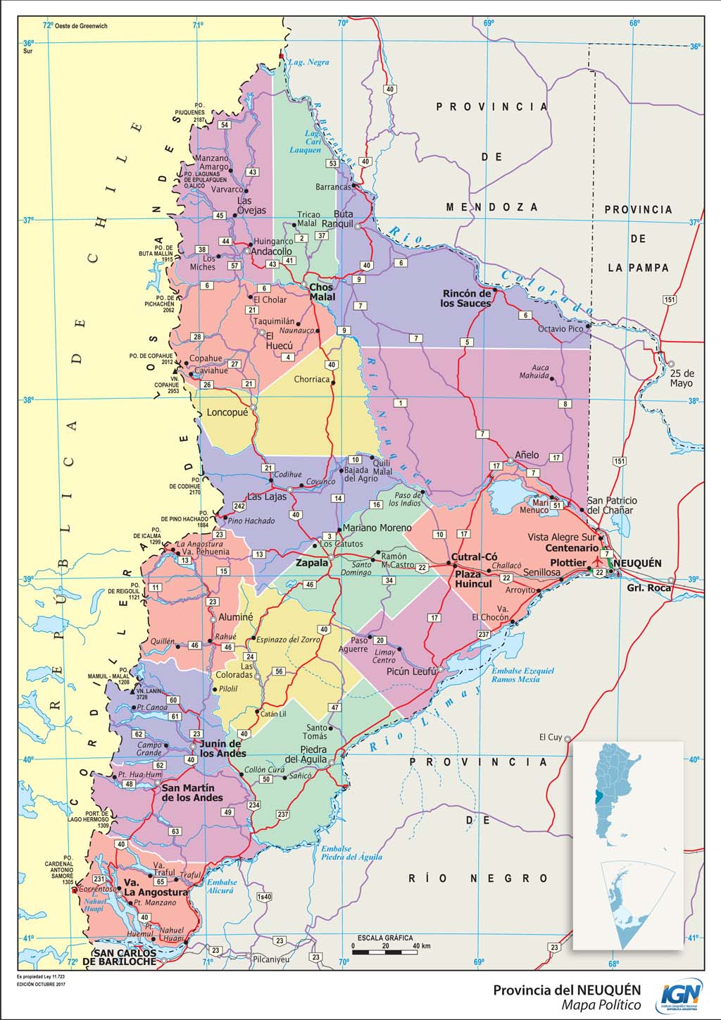 Mapa político de Neuquén con departamentos