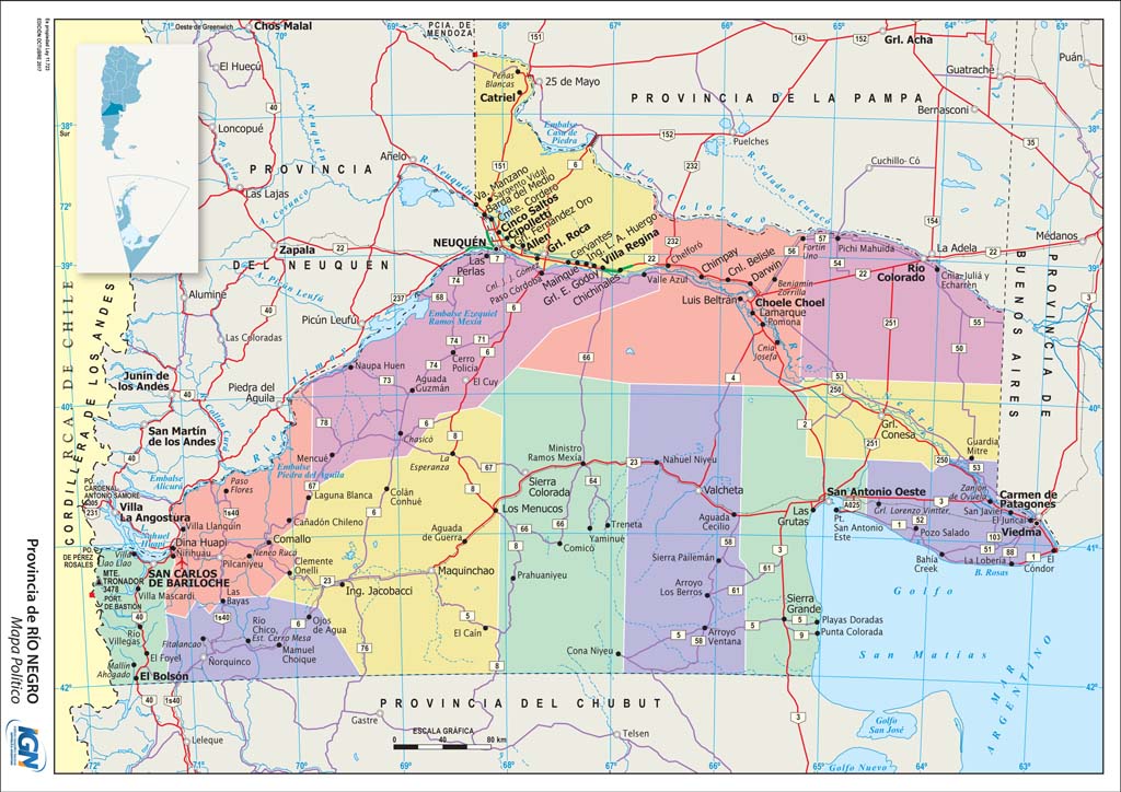 Mapa político de Río Negro con departamentos