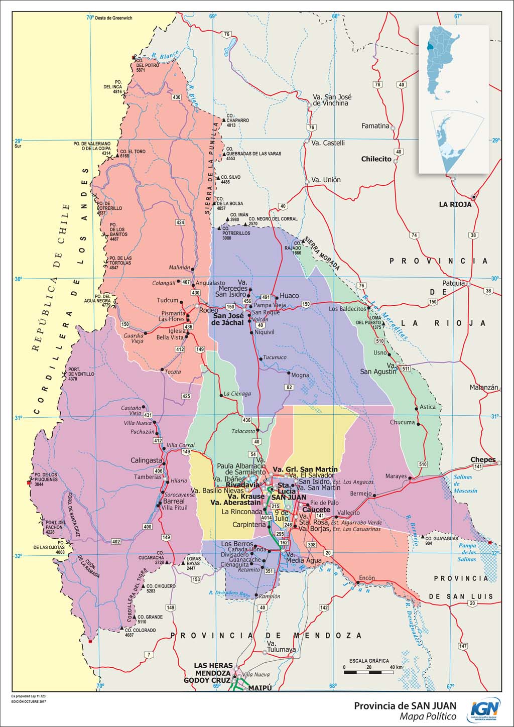 Mapa político de San Juan con departamentos