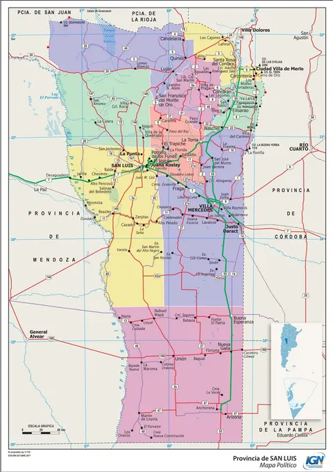 Mapa político de San Luis con departamentos