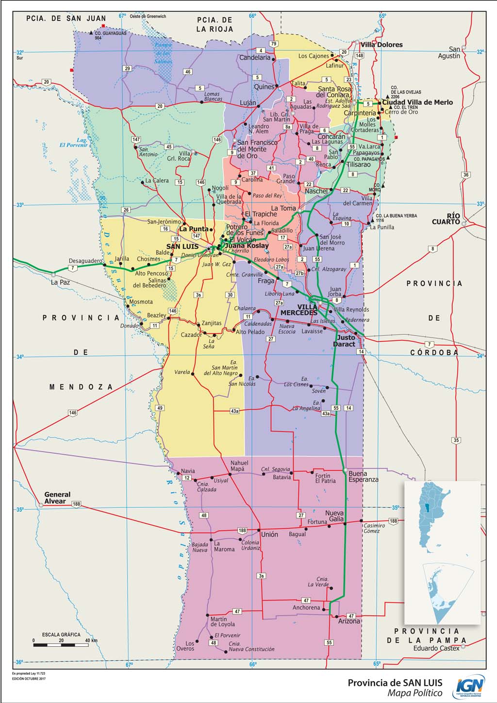 Mapa político de San Luis con departamentos