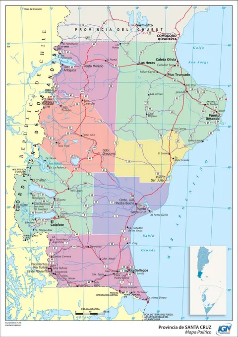 Mapa político de Santa Cruz con departamentos