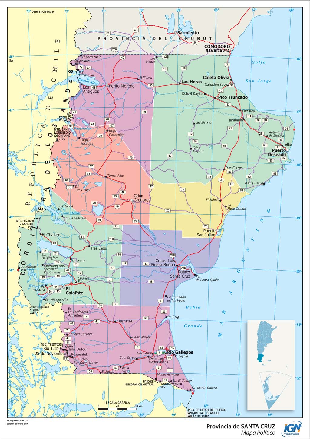 Mapa político de Santa Cruz con departamentos