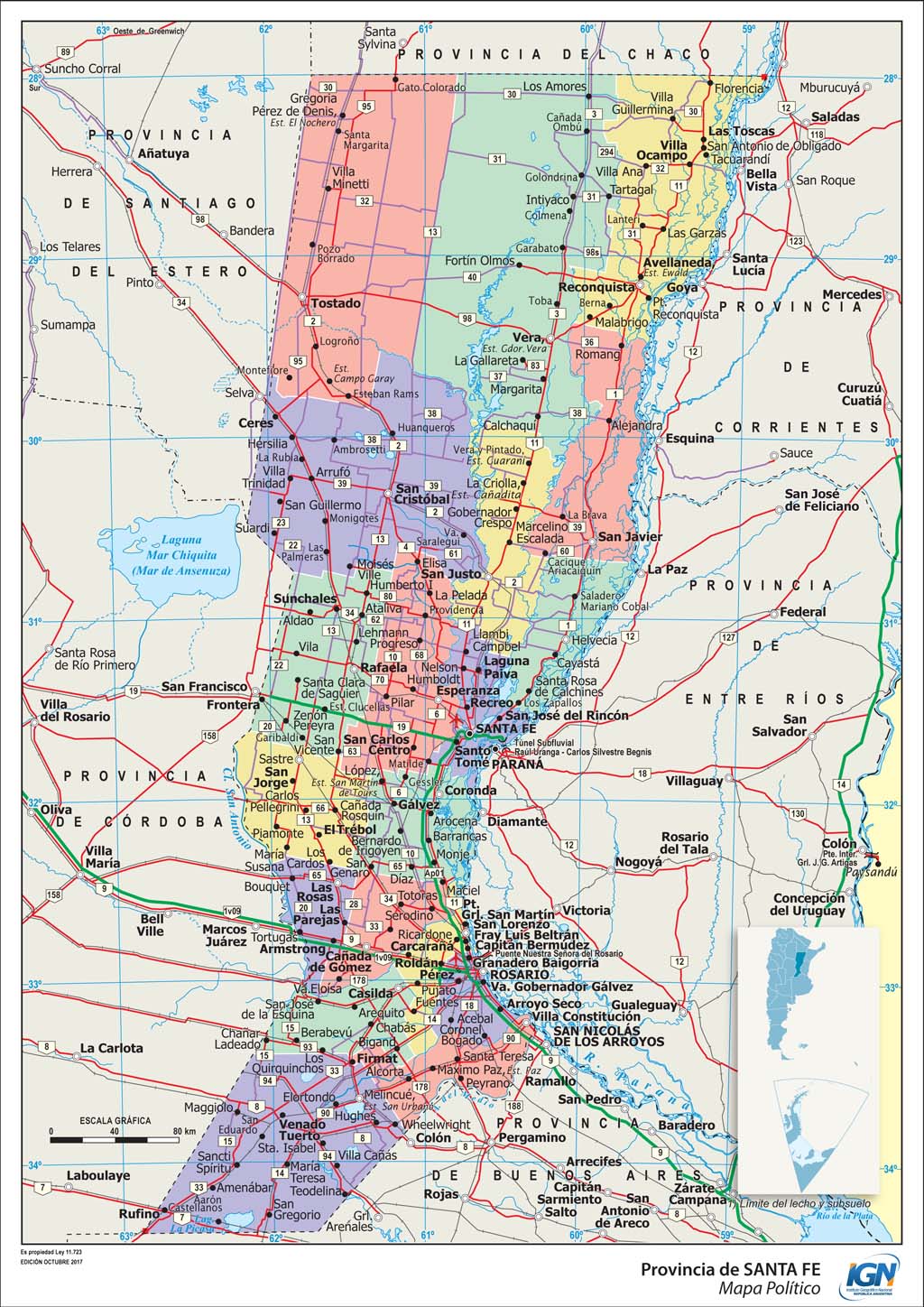 Mapa político de Santa Fe con departamentos