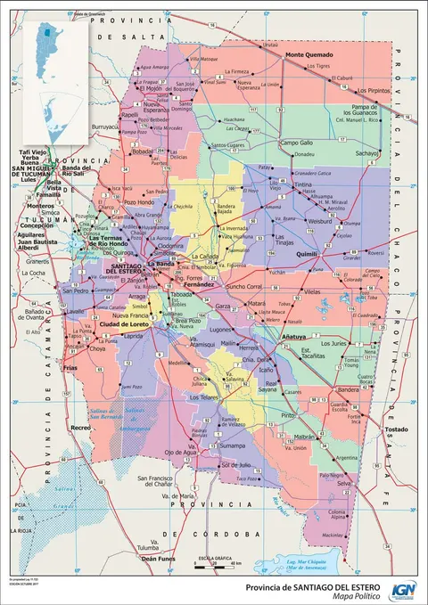 Mapa político de Santiago del Estero con departamentos