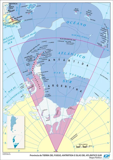 Mapa político de Tierra del Fuego, Antártida e Islas del Atlántico Sur con departamentos