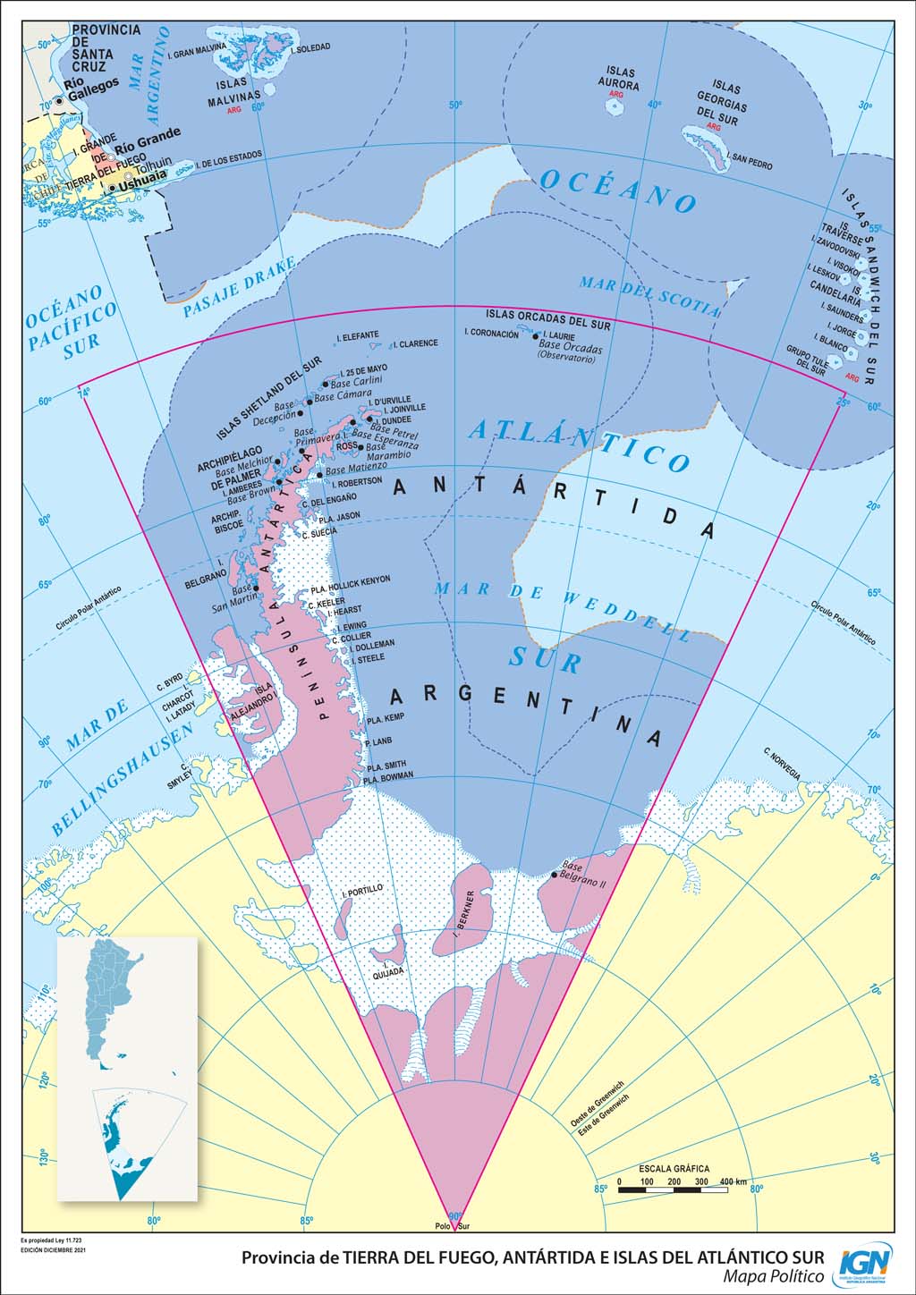 Mapa político de Tierra del Fuego, Antártida e Islas del Atlántico Sur con departamentos