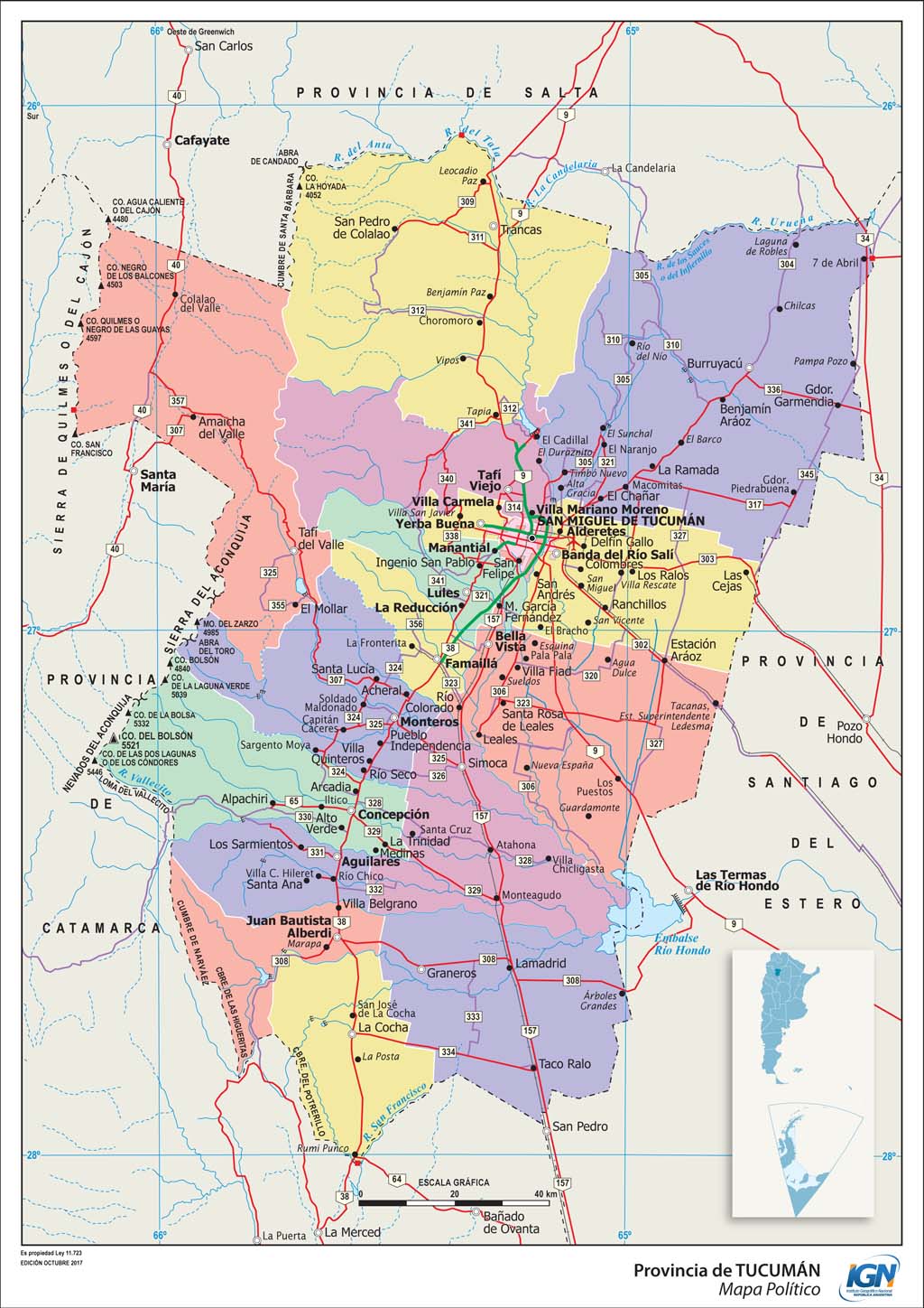 Mapa político de Tucumán con departamentos