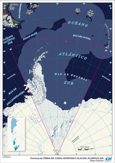 Mapa satelital de Tierra del Fuego, Antártida e Islas del Atlántico Sur