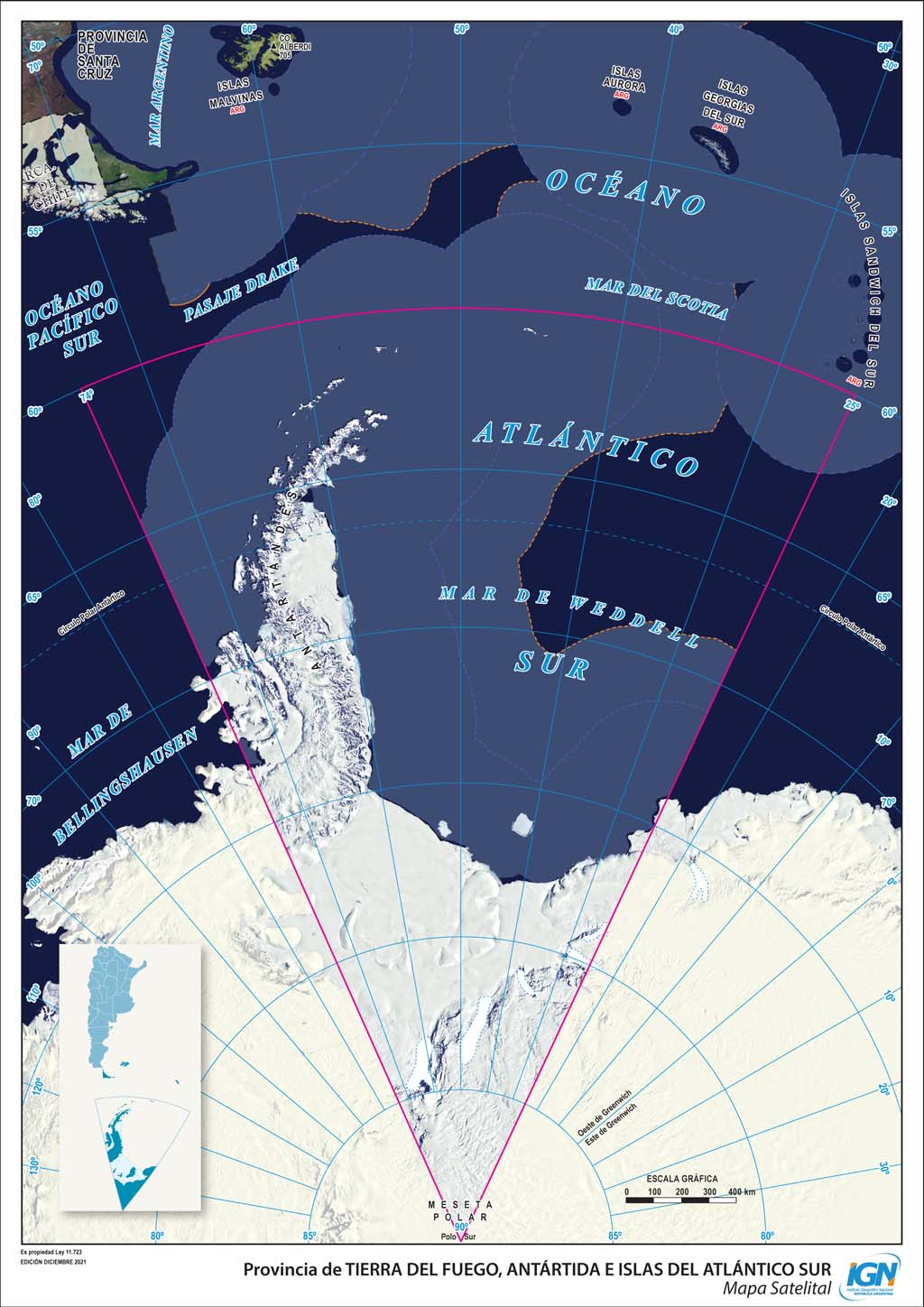 Mapa satelital de Tierra del Fuego, Antártida e Islas del Atlántico Sur